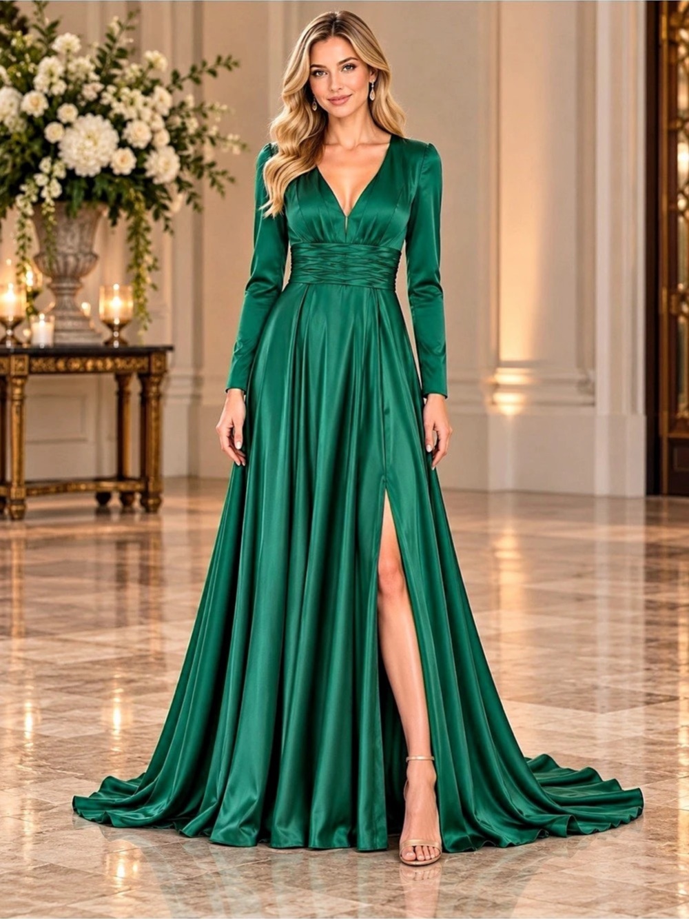NWT Ieena Mac Duggal 55245 Emerald Green Satin Long Sleeve A-Line Gown Size 2